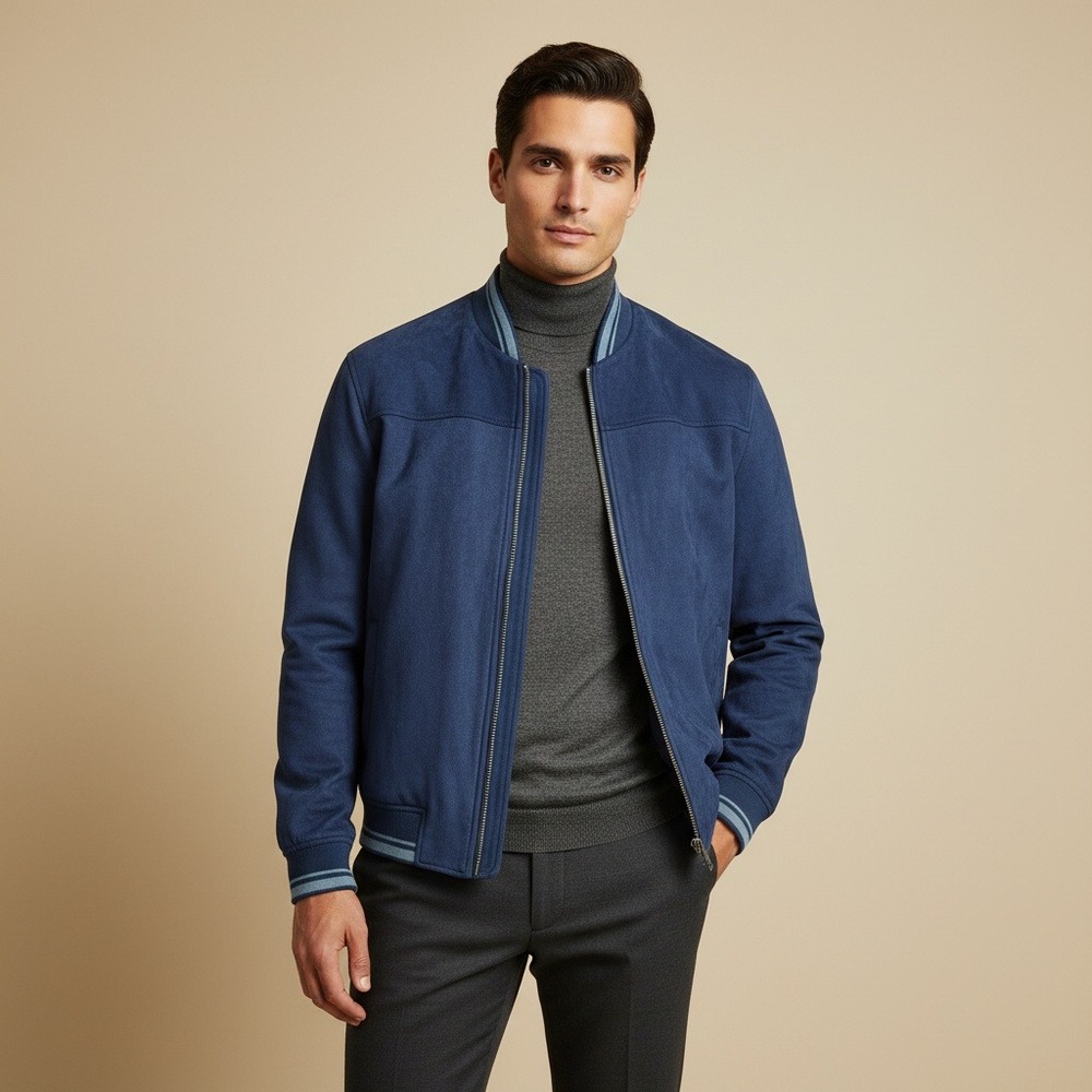 Robert Graham Mens Blue Faux Suede‎ Bomber Jacket Full Zip Size S